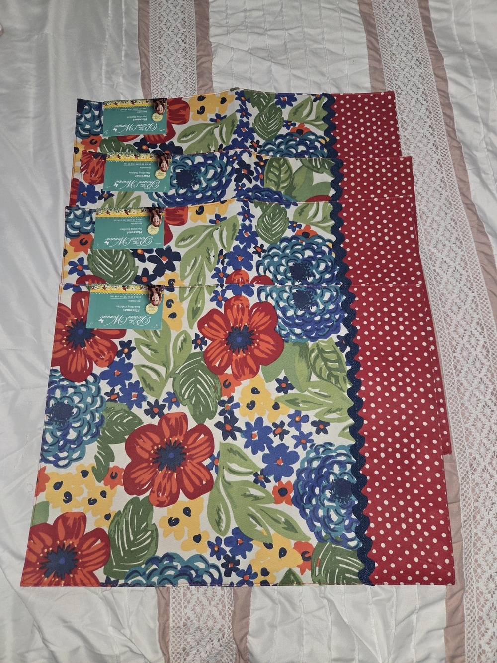 The Pioneer Woman Colorful Floral Placemats with Red Polka Dot Backing 4 Pzs